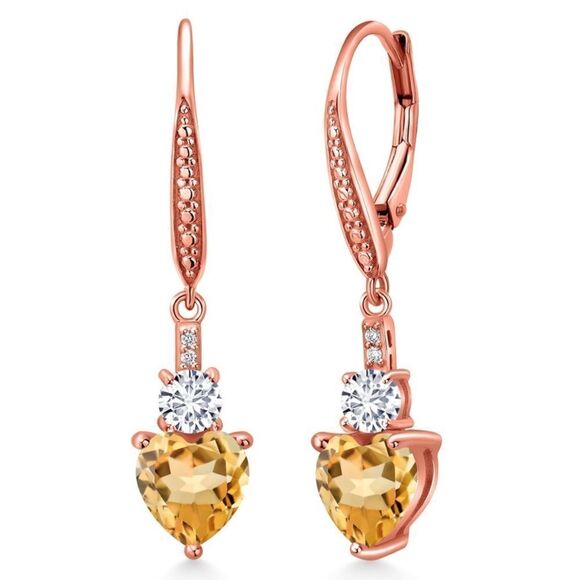18K Rose Gold 2.57 Cttw Yellow Citrine and White Diamond Heart Drop Earrings - Picture 1 of 4